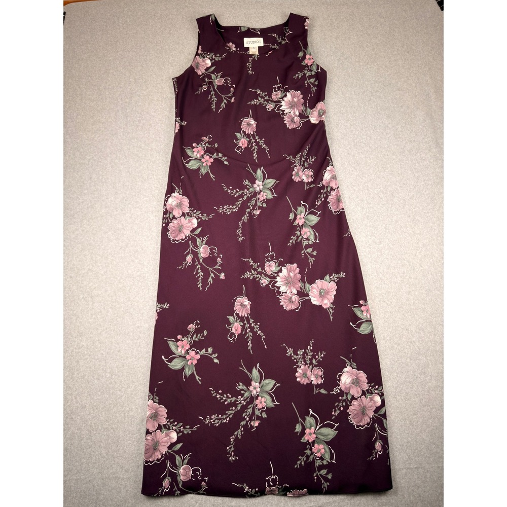 Vintage 90s Floral Maxi Dress Burgundy Plum Sleeveless Scoop Neck Size 10